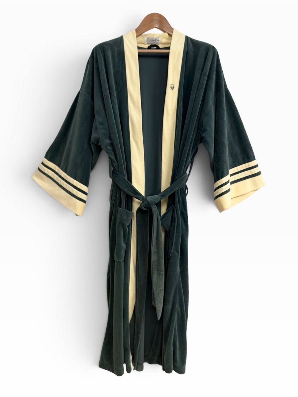 Vintage Christian Dior Monsieur Velour Robe Green Cream Striped Belted One Size